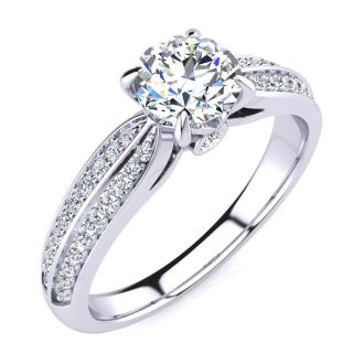 1 Carat Diamond Engagement Ring In 14K White Gold, 3/4 Carat Center Diamond, I-J I1-I2