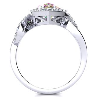 2-1/2ct Pear Shape Mystic Topaz Ring With Diamond Halo In 14 Karat White Gold