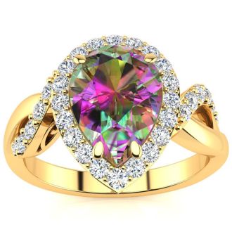 2-1/2ct Pear Shape Mystic Topaz Ring With Diamond Halo In 14 Karat Yellow Gold