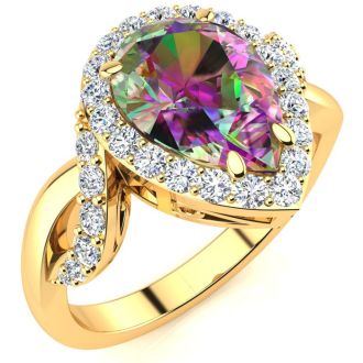 2-1/2ct Pear Shape Mystic Topaz Ring With Diamond Halo In 14 Karat Yellow Gold