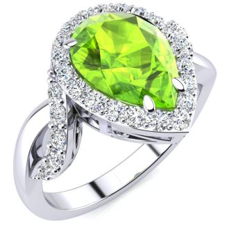 2 1/2ct Pear Shape Peridot and Diamond Ring in 14K White Gold