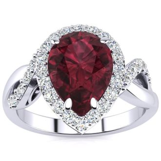 Garnet Ring: Garnet Jewelry: 2 1/2ct Pear Shape Garnet and Diamond Ring in 14K White Gold