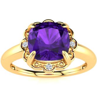 2ct Cushion Cut Amethyst and Diamond Ring in 10k Yellow Gold