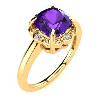 2ct Cushion Cut Amethyst and Diamond Ring in 10k Yellow Gold