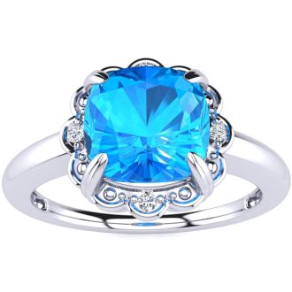 2ct Cushion Cut Blue Topaz and Diamond Ring in 10k White Gold