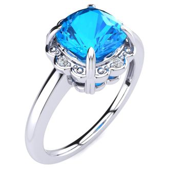 2ct Cushion Cut Blue Topaz and Diamond Ring in 10k White Gold
