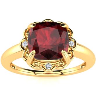 Garnet Ring: Garnet Jewelry: 2ct Cushion Cut Garnet and Diamond Ring in 10k Yellow Gold