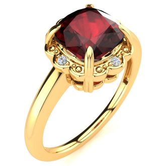 Garnet Ring: Garnet Jewelry: 2ct Cushion Cut Garnet and Diamond Ring in 10k Yellow Gold