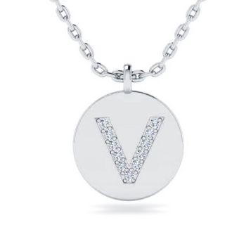 Letter V Diamond Initial Necklace In 14K White Gold With 11 Diamonds