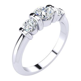 0.90 Carat Bar Set Three Stone Diamond Ring In 14K White Gold