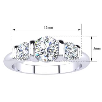 0.90 Carat Bar Set Three Stone Diamond Ring In 14K White Gold