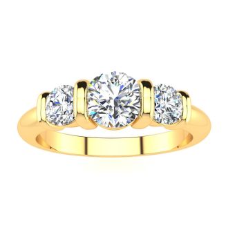 0.90 Carat Bar Set Three Stone Diamond Ring In 14K Yellow Gold