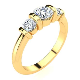 0.90 Carat Bar Set Three Stone Diamond Ring In 14K Yellow Gold