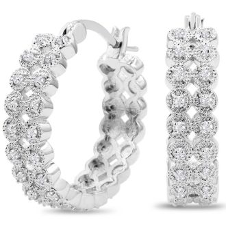1/2 Carat Double Row Diamond Hoop Earrings, 3/4 Inch, Beautiful, Classic, Shiny!