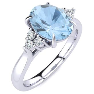 Aquamarine Ring: Aquamarine Jewelry: 1 3/4 Carat Oval Shape Aquamarine and Diamond Ring In 14K White Gold