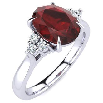 Garnet Ring: Garnet Jewelry: 2 Carat Oval Shape Garnet and Diamond Ring In 14K White Gold