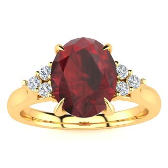 Garnet Ring: Garnet Jewelry: 2 Carat Oval Shape Garnet and Diamond Ring In 14K Yellow Gold