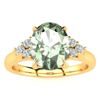 1 1/2 Carat Oval Shape Green Amethyst and Diamond Ring In 14K Yellow Gold