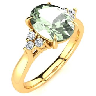 1 1/2 Carat Oval Shape Green Amethyst and Diamond Ring In 14K Yellow Gold