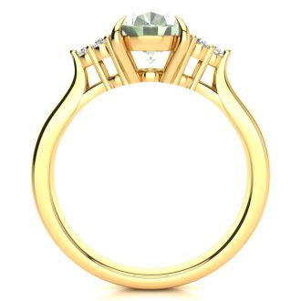 1 1/2 Carat Oval Shape Green Amethyst and Diamond Ring In 14K Yellow Gold