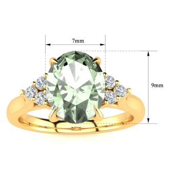 1 1/2 Carat Oval Shape Green Amethyst and Diamond Ring In 14K Yellow Gold