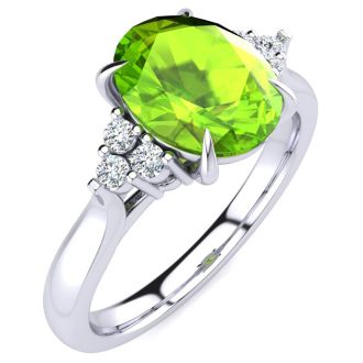 2 Carat Oval Shape Peridot and Diamond Ring In 14K White Gold