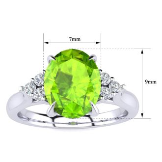 2 Carat Oval Shape Peridot and Diamond Ring In 14K White Gold
