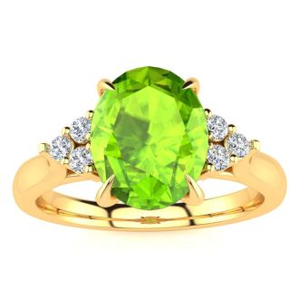 2 Carat Oval Shape Peridot and Diamond Ring In 14K Yellow Gold