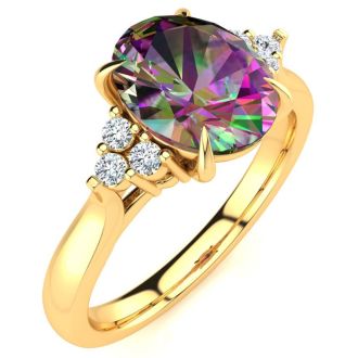 2-1/4 Carat Oval Shape Mystic Topaz Ring and Six Diamonds In 14 Karat Yellow Gold