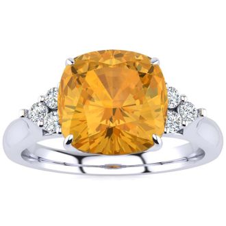 2 1/5 Carat Cushion Cut Citrine and Diamond Ring In 14K White Gold
