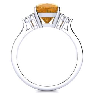 2 1/5 Carat Cushion Cut Citrine and Diamond Ring In 14K White Gold
