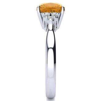 2 1/5 Carat Cushion Cut Citrine and Diamond Ring In 14K White Gold