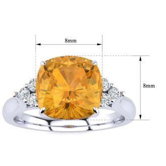 2 1/5 Carat Cushion Cut Citrine and Diamond Ring In 14K White Gold