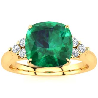 2 1/5 Carat Cushion Cut Emerald and Diamond Ring In 14K Yellow Gold