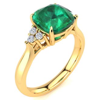 2 1/5 Carat Cushion Cut Emerald and Diamond Ring In 14K Yellow Gold