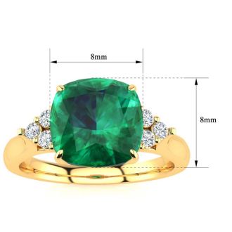 2 1/5 Carat Cushion Cut Emerald and Diamond Ring In 14K Yellow Gold