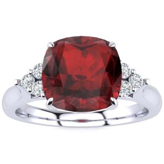 Garnet Ring: Garnet Jewelry: 3 1/3 Carat Cushion Cut Garnet and Diamond Ring In 14K White Gold
