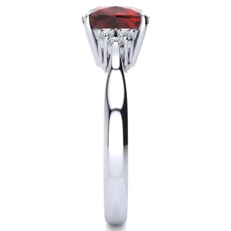Garnet Ring: Garnet Jewelry: 3 1/3 Carat Cushion Cut Garnet and Diamond Ring In 14K White Gold