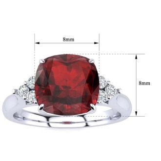 Garnet Ring: Garnet Jewelry: 3 1/3 Carat Cushion Cut Garnet and Diamond Ring In 14K White Gold