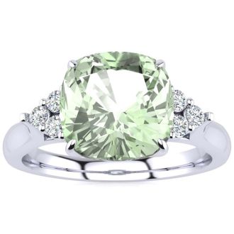 2 1/5 Carat Cushion Cut Green Amethyst and Diamond Ring In 14K White Gold