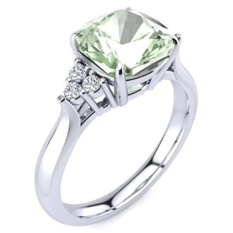 2 1/5 Carat Cushion Cut Green Amethyst and Diamond Ring In 14K White Gold
