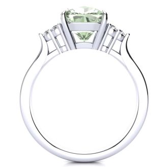 2 1/5 Carat Cushion Cut Green Amethyst and Diamond Ring In 14K White Gold