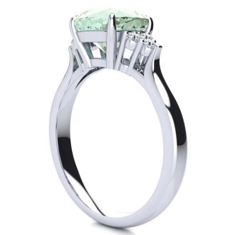 2 1/5 Carat Cushion Cut Green Amethyst and Diamond Ring In 14K White Gold