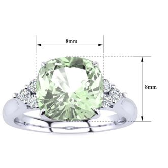 2 1/5 Carat Cushion Cut Green Amethyst and Diamond Ring In 14K White Gold