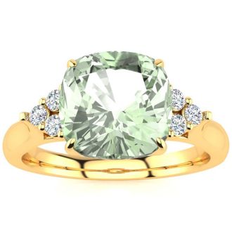2 1/5 Carat Cushion Cut Green Amethyst and Diamond Ring In 14K Yellow Gold