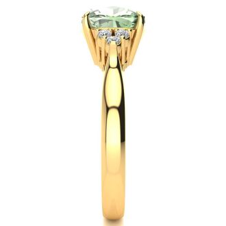 2 1/5 Carat Cushion Cut Green Amethyst and Diamond Ring In 14K Yellow Gold