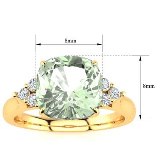 2 1/5 Carat Cushion Cut Green Amethyst and Diamond Ring In 14K Yellow Gold