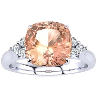 3-1/5 Carat Cushion Cut Morganite and Diamond Ring In 14K White Gold