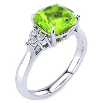 2 2/3 Carat Cushion Cut Peridot and Diamond Ring In 14K White Gold