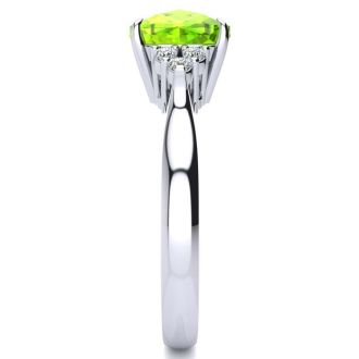 2 2/3 Carat Cushion Cut Peridot and Diamond Ring In 14K White Gold